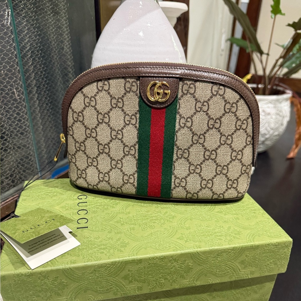 Gucci Brown and Green Cosmetic Bag with Iconic GG Design